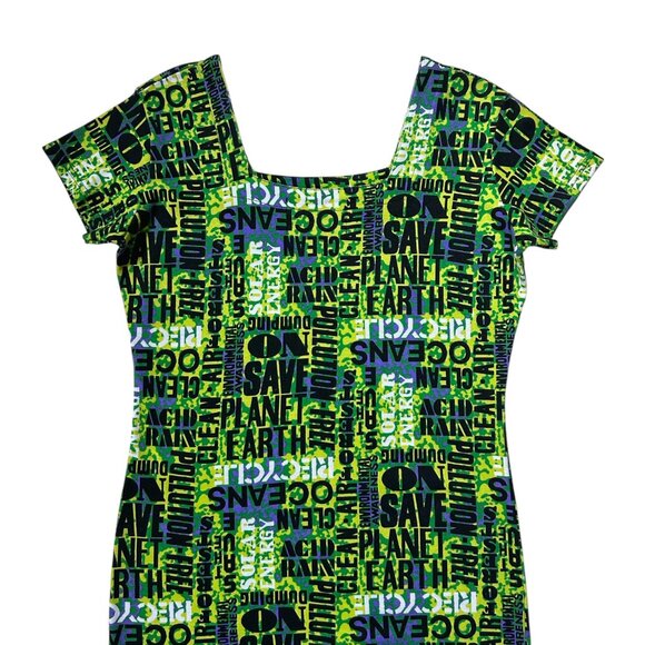 90s vintage Environment Slogan Print Mini Dress Stretch Bodycon Planet Earth. - Picture 4 of 7